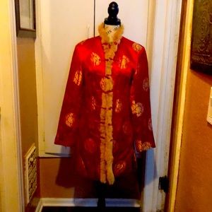 Dressy kimono like jacket. Gold brocade pattern. Lightweight quilting